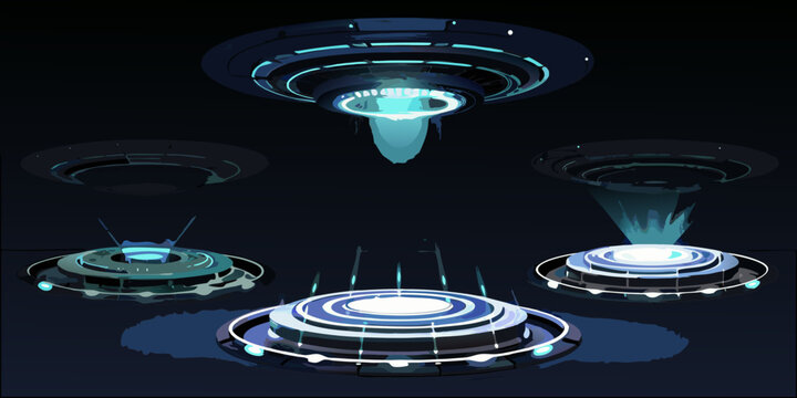 Futuristic ufos hover over a dark reflective surface with glowing energy beams