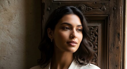 Fototapeta premium Close Up Portrait of a Beautiful Young Woman Looking Away Pensively