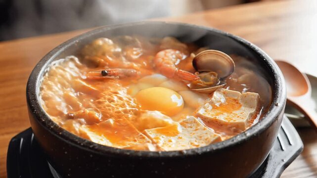 Steaming Hot Korean Sundubu Jjigae with Egg and Seafood.