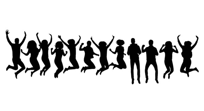 Group of people joyfully jumping together in unison