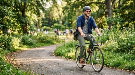 Fototapeta premium Man rides bicycle on path in park