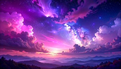 Obraz premium A vibrant, cosmic landscape featuring rolling mountain ranges, fluffy clouds, and a spectacular display of stars and galaxies in a dreamy palette