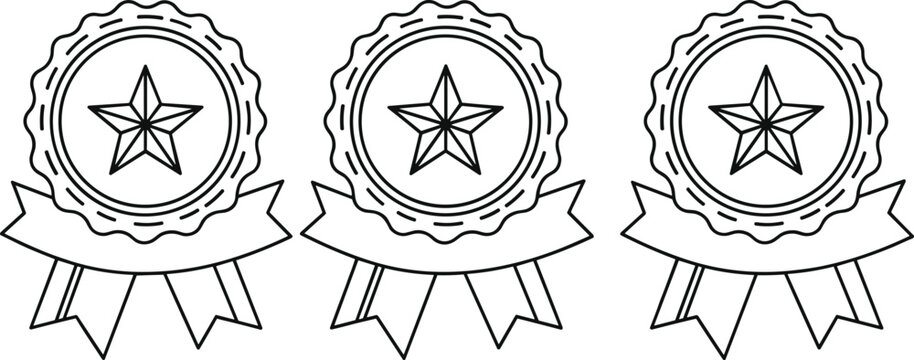 award ribbon badge icon, star seal illustration, achievement emblem design, recognition concept, quality certification symbol, minimal line art, isolated vector set