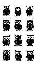 Fototapeta premium Set of 12 Black Owl Icons, Silhouette Collection, Vector Graphics