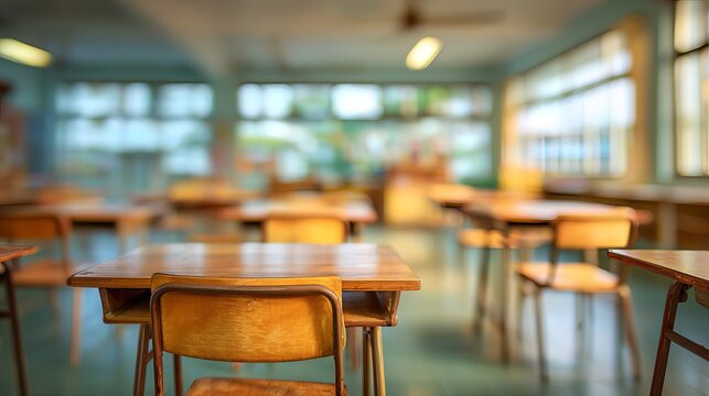 A bright and empty classroom with wooden desks and chairs in a modern educational setting.