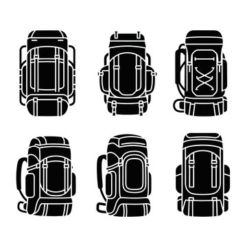 Set of Six Backpack Icons: Hiking, Camping, Travel Gear, Outdoor Adventure