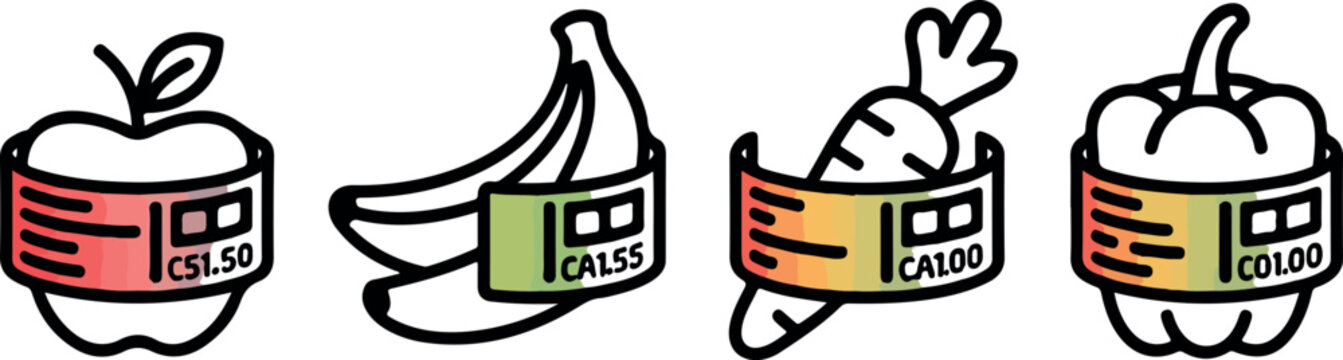 Digital grocery price tags on fruit and vegetable outlines featuring currency symbols and product information.