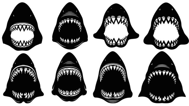 Shark Mouth Silhouettes Set, Aggressive Teeth, Open Jaws, Danger Symbol