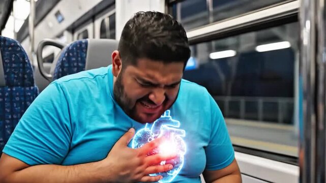 Fat man holding his left chest and short of breath due to heart attack