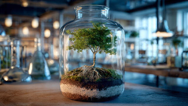 Botol air mineral kaca di atas meja kayu kafe dengan dekorasi tanaman hijau dalam pot bunga menciptakan suasana minum sehat yang menyatu dengan alam tanpa ada siapa-siapa di restoran tersebut