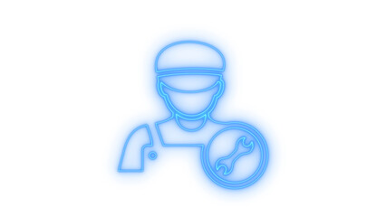 Fototapeta premium Blue neon glow outline icon of a repairman with a wrench symbol, representing service, maintenance, and technical support concepts, isolated on transparent background.