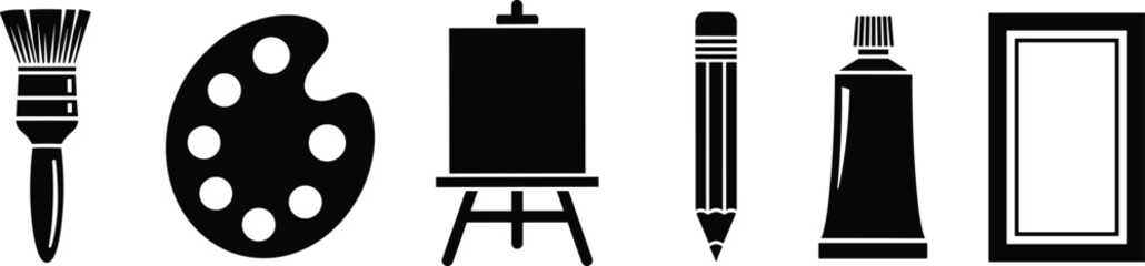 Obraz premium Art tools icons set featuring paintbrush, palette, easel, pencil, paint tube, and canvas, minimalist black vector symbols for creative, painting, and artistic design projects