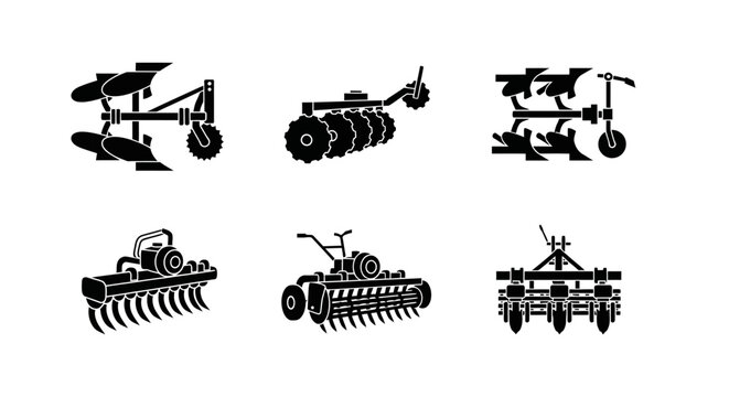 Agricultural Farm Implements Icons Set: Plow, Disc Harrow, Cultivator, Tiller