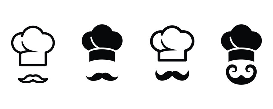 Four chef hat and mustache icons in black on white background