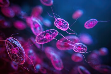 Obraz premium Colorful protozoa swimming in microscopic fluid environment