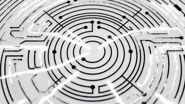 Modern black and white circular electronic circuit board schematic technology background