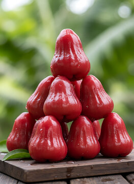 Red wax apples stacked in pyramid on wooden table with blurred tropical garden background in natural daylight outdoors