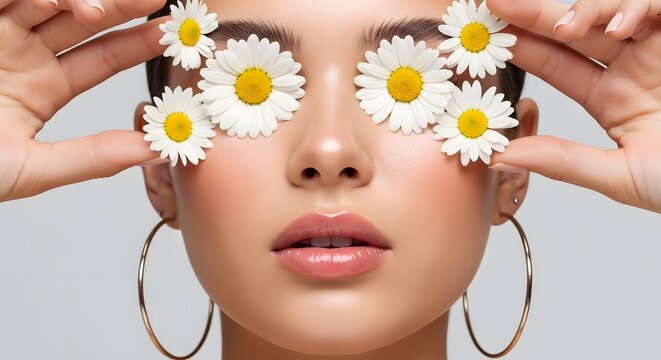A woman with flowers covering her eyes and gold hoop earrings
