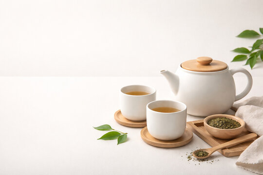 Tea Ceremony: An inviting composition of a teapot and tea cups, inviting to relaxation, health, and a mindful pause.