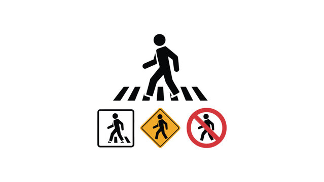 Pedestrian signage illustration showing walking crosswalk symbol, caution warning sign, and prohibition symbol isolated on white background