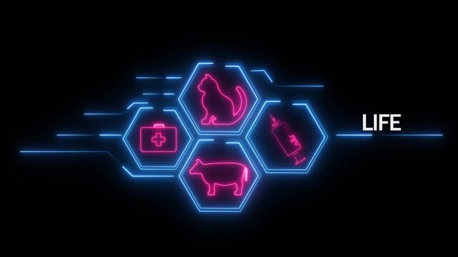 Life concept with glowing neon pink of a cat cow medical bag and syringe within a blue hexagonal network on a black background