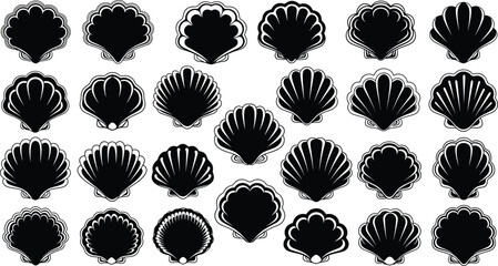Collection of black and white seashell illustrations in a grid pattern © MDABDUR