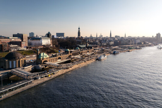 Aerial drone image of the pier at St. Pauli Landungsbr&uuml;cken in Hamburg at sunrise