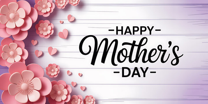 Happy Mother's Day Banner with Floral Decoration on Wood