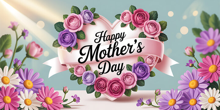 Happy Mother's Day Floral Heart with Roses and Spring Flowers