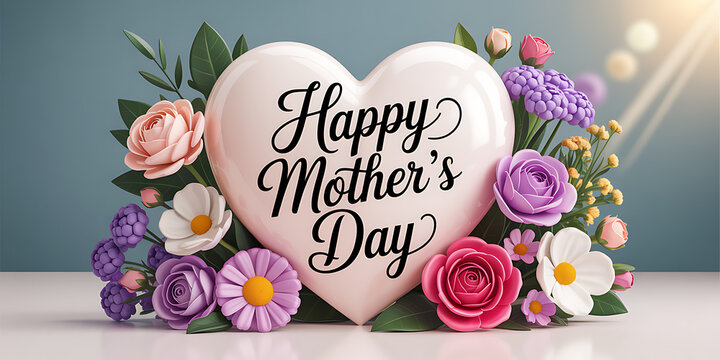 Elegant Happy Mother's Day Heart with Beautiful Spring Floral Bouquet