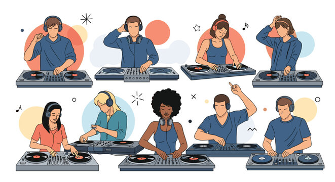 Various male and female disc jockeys performing at turntables and mixing music with headphones in a vibrant and creative set of illustrations.