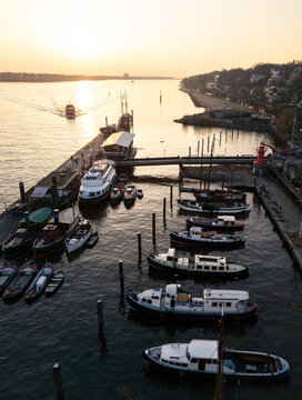 Aerial drone image of boats in the museum harbor in &Ouml;velg&ouml;nne in Hamburg at sunset