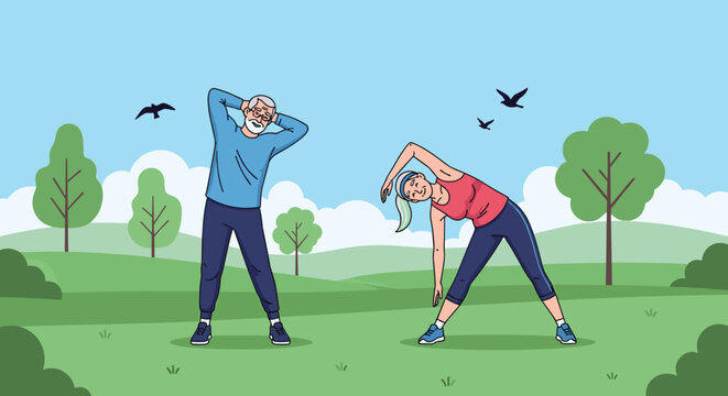 Senior man and woman maintaining an active lifestyle by performing stretching exercises together in a beautiful green park under a clear blue sky.