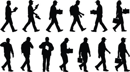 Fototapeta premium Worker silhouettes collection, people walking carrying tools boxes and bags, labor workforce concept, industrial workers set, construction and delivery illustration