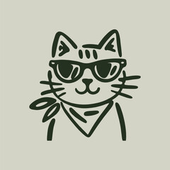 Fototapeta premium Artistic drawing of a cat in sunglasses with a bandana, minimalist style