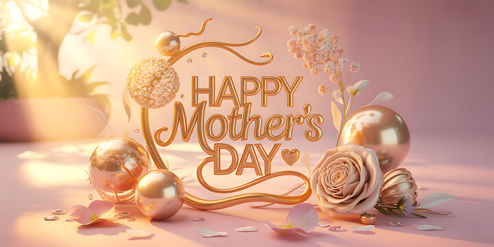Elegant Golden Happy Mother's Day Typography on Soft Pink Background