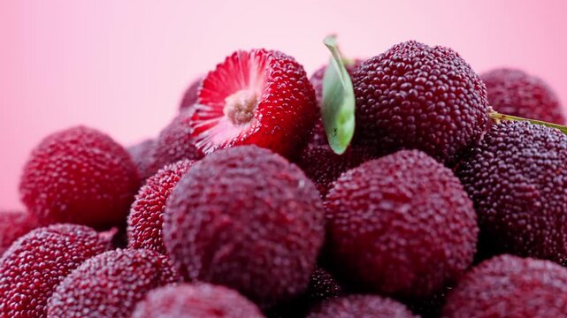 Extreme Macro Close-up of Fresh Red Yangmei Chinese Bayberry Slices and Whole Fruit on Pink Background for Food Ads