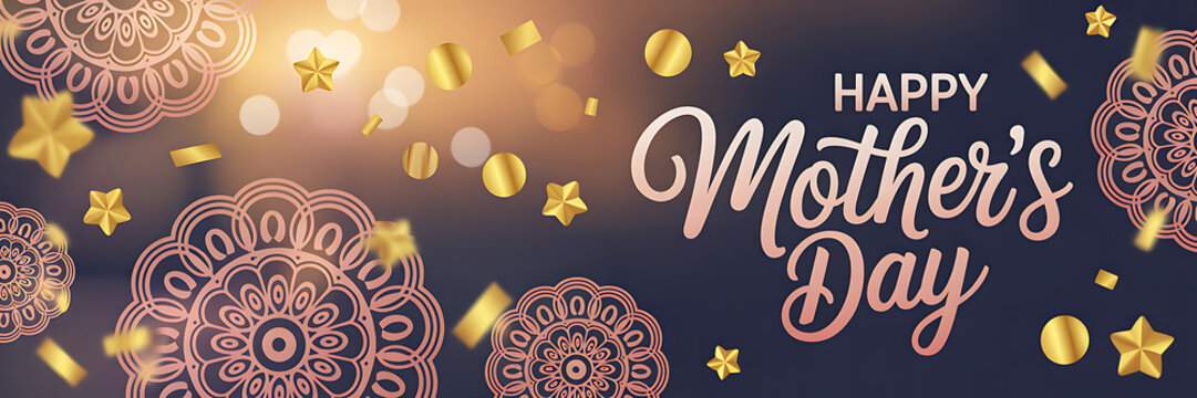 Elegant Happy Mother's Day Banner with Gold Stars and Mandalas