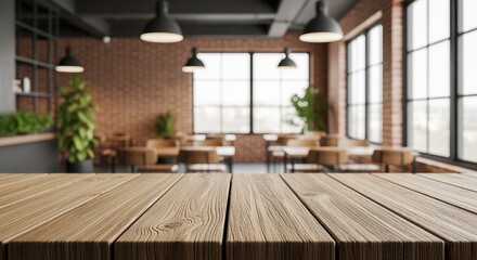 Fototapeta premium Wooden table surface in focus with blurred modern office behind. Features exposed brick walls, large windows, pendant lights, and green plants. Perfect for business presentations and product displays.