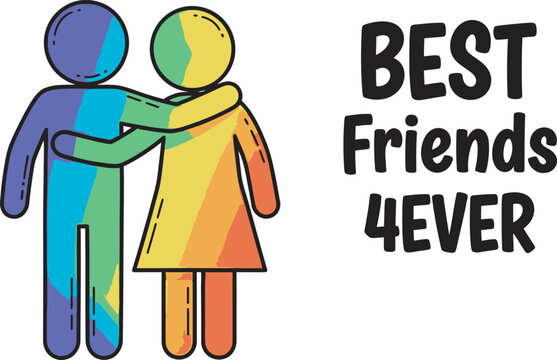 Friendship Day Best friends 4ever typography with stylized colorful figures embracing in flat vector graphic design style illustration