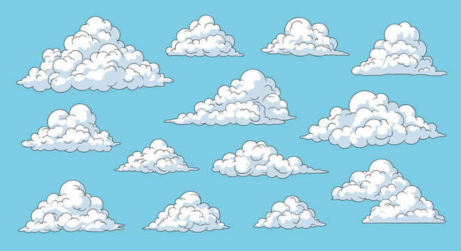 Set of fluffy white cumulus cloud formations in different shapes and sizes scattered across a bright blue sky area.