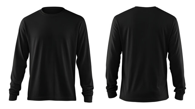 Blank black long sleeve t-shirt template. Front and back views isolated on a white background