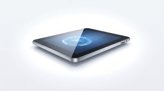 Modern digital tablet with futuristic clock interface on white background