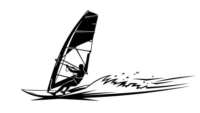 A windsurfer rides a wave with a large sail on a plain white background in a dynamic motion.