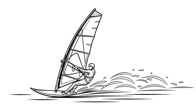 A windsurfer in action gliding across the water with a large sail and creating splashes in a dynamic and sporty scene.