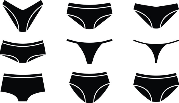 Collection of black women's underwear silhouettes featuring various panty styles like bikini thong hipster and boyshorts isolated on white background for lingerie fashion design projects.