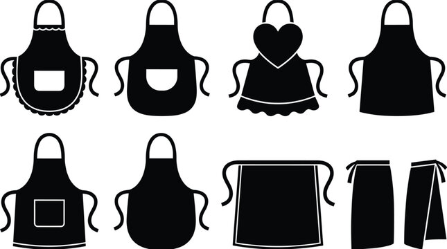 Set of various black kitchen apron silhouettes including chef bib aprons and waist aprons for cooking baking and restaurant uniform branding designs on white background.
