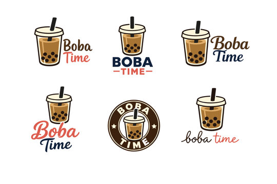 Boba time bubble tea logos collection with tapioca pearl cups