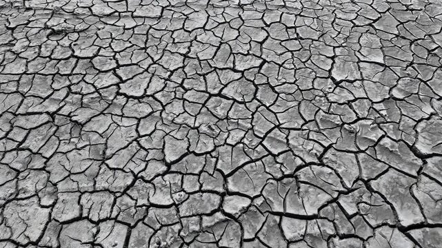 High-angle view of gray parched earth with a deep cracked mud pattern, symbolizing global warming and extreme drought in a desolate environment