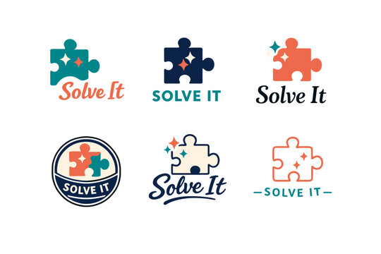 Colorful puzzle piece logos with solve it text in various designs